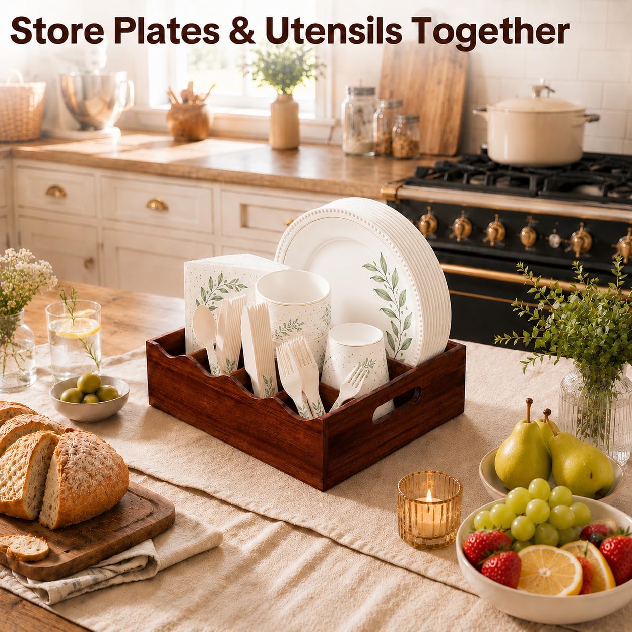 Utensil Holder & Silverware Organizer, Acacia Wood Kitchen Utensil Caddy for Countertop, 6 Compartment Paper Plate Holders & Dispenser, Wooden Cutlery Holder with Handle for Party, Natural Acacia