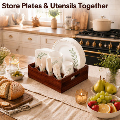 Utensil Holder & Silverware Organizer, Acacia Wood Kitchen Utensil Caddy for Countertop, 6 Compartment Paper Plate Holders & Dispenser, Wooden Cutlery Holder with Handle for Party, Natural Acacia