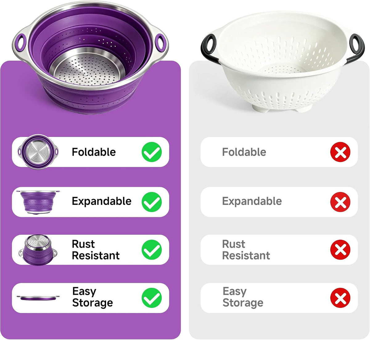 Mejoncb Collapsible Colander – Platinum Silicone Strainer with Stainless Steel Base, BPA-Free & Heat Resistant Kitchen Drain Basket (Gery)