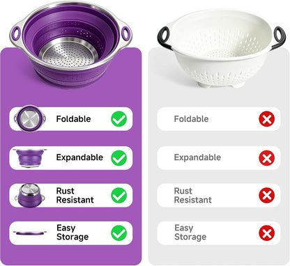 Mejoncb Collapsible Colander – Platinum Silicone Strainer with Stainless Steel Base, BPA-Free & Heat Resistant Kitchen Drain Basket (Gery)