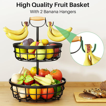 SAYZH 2-Tier Fruit Basket Bowl Vegetable Storage with 2 Banana Tree Hanger and Wood Lift Handle, Kitchen Countertop Metal Wire Basket for Bread Onions Potatoes (Black, 2 Tier)