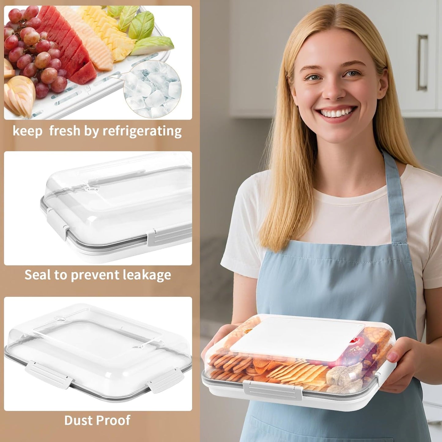 Food Storage Container with Cutting Board Lid, Snack Tray with Ice Pack Compartment & Removable Divider (Cream)