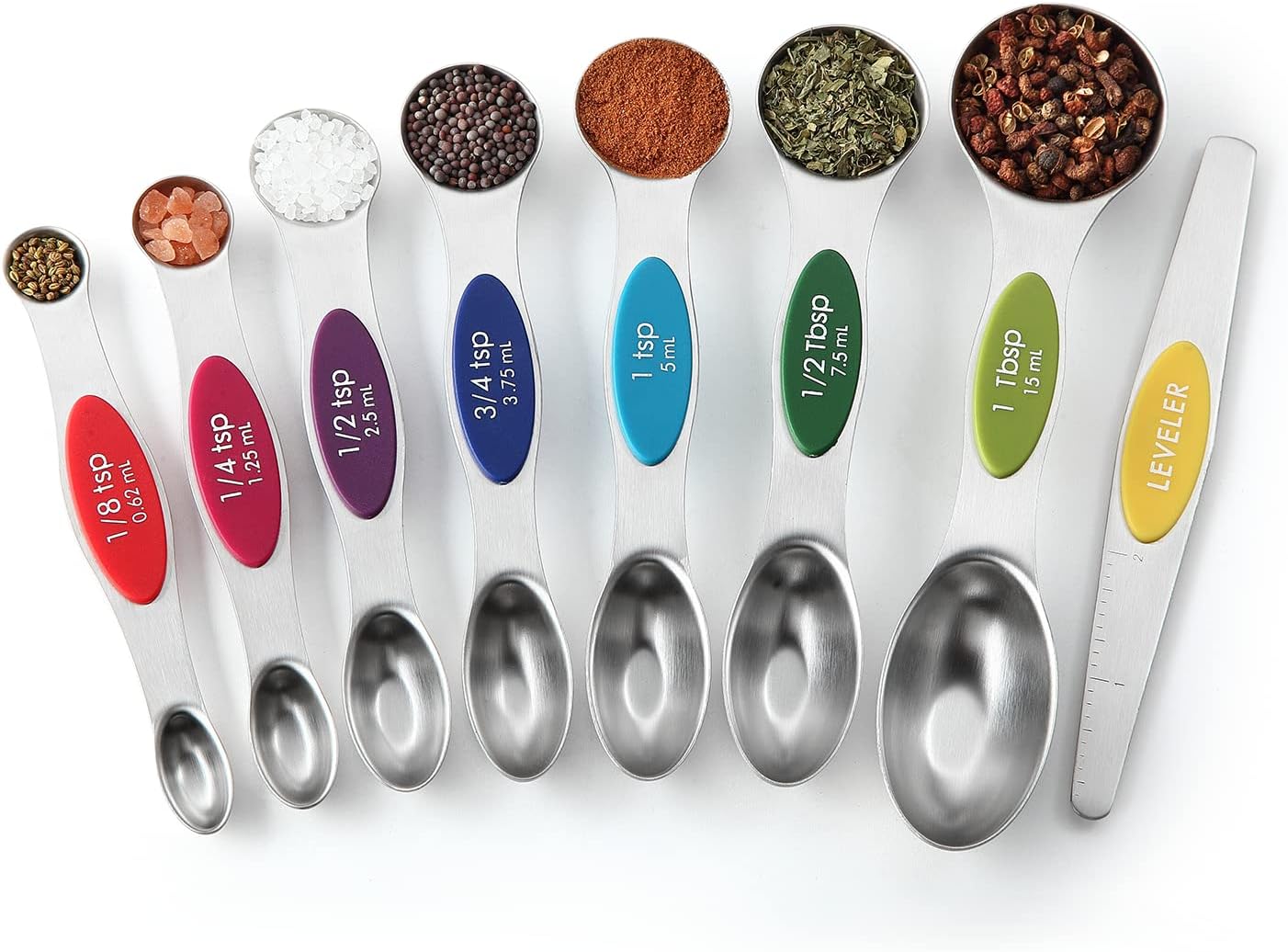Spring Chef Stainless Steel Magnetic Measuring Spoons Set with Strong N45 Magnets, Heavy Duty Metal Kitchen Gadgets for Baking & Cooking, Fits in Most Kitchen Spice Jars, Set of 8 with Leveler, Black