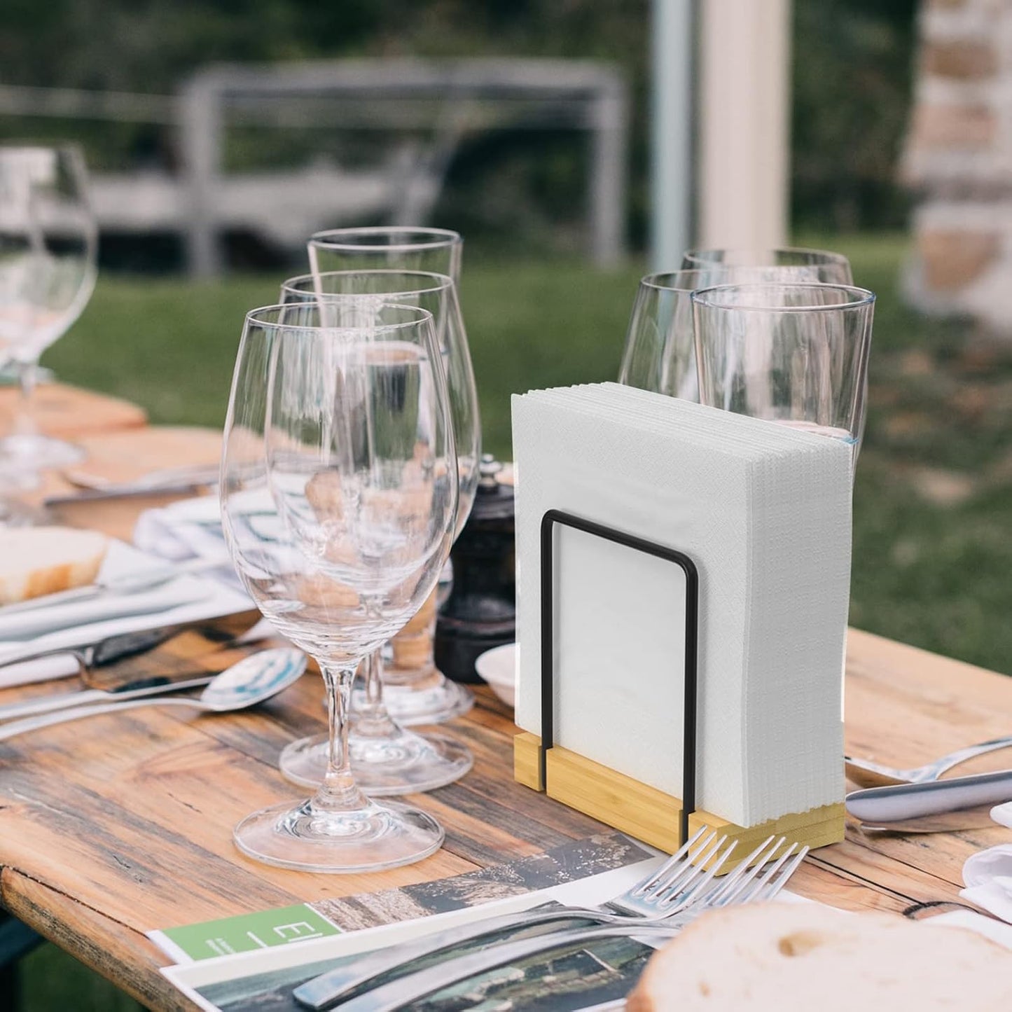 Wican Napkin Holder for Table, Bamboo Iron Standing Napkin Dispenser for Kitchen Dining Farmhouse Cocktail Picnic Bar Rustic Wood Holders for Paper Mail Bills Suitable for All Dining Room Decors Black