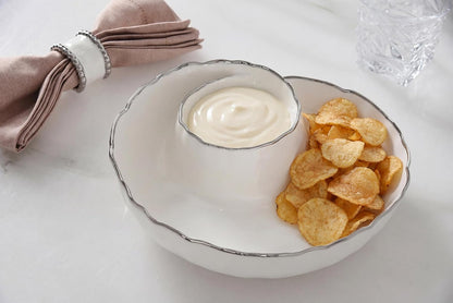 Pampa Bay Portofino Plata, Round Chip & Dip, 9.5” D x 2.75" (White and Gold)