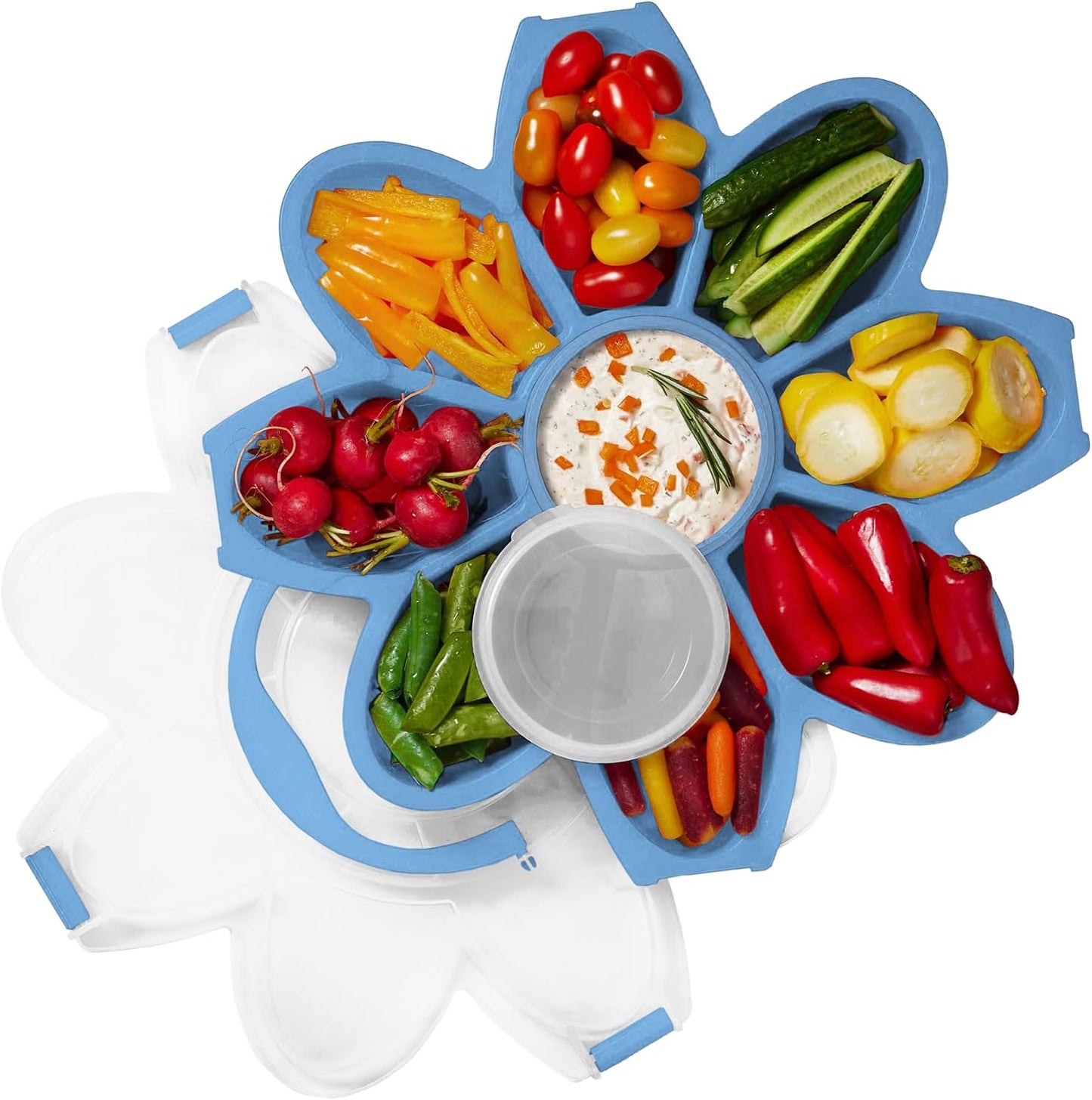 KOLORAE Flower Snack Serving Tray - 9 Compartment Party Platter with Dressing Cup for Chips and Dip, Fruits and Veggies - Game Day & Summer Entertaining Tray