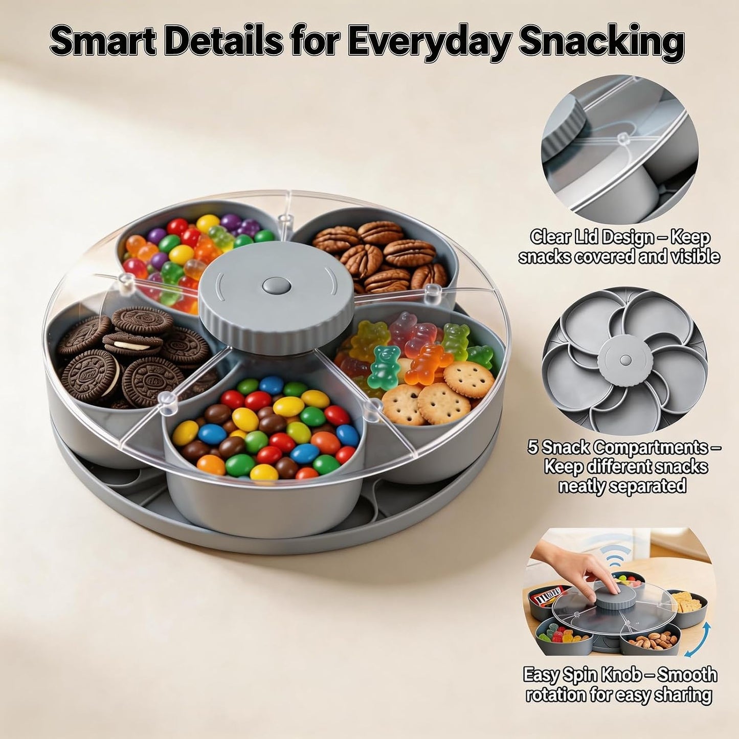 Snack Spinner with Lid, Rotating 5 Compartment Snack Tray for Fruit, Nuts, Candy and Appetizers, Divided Serving Container for Party, Family Night and Kitchen Counter (Blue)