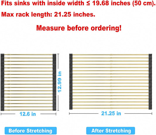Expandable Roll Up Dish Drying Rack Over The Sink Rack, Foldable Dish Drainer Rack Stainless Steel for Large Sink, Silicone Rollable Collapsible Rack 18 Tube for Kitchen(Sliver,12.8'' to 21.25”)