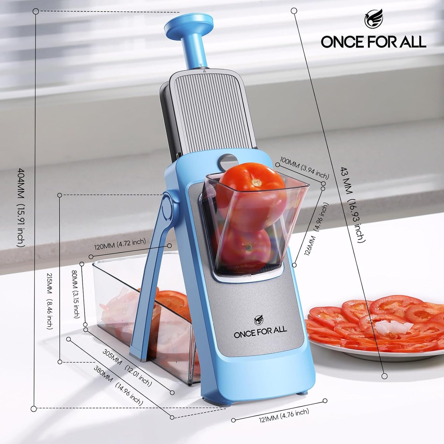ONCE FOR ALL Upgrade Safe Mandoline Slicer Plus, Biger Size, Adjustable Vegetable Food Chopper Potato Fries Cutter, Detachable Blade, Kitchen Chopping Artifact, Gift (SkyBlue)