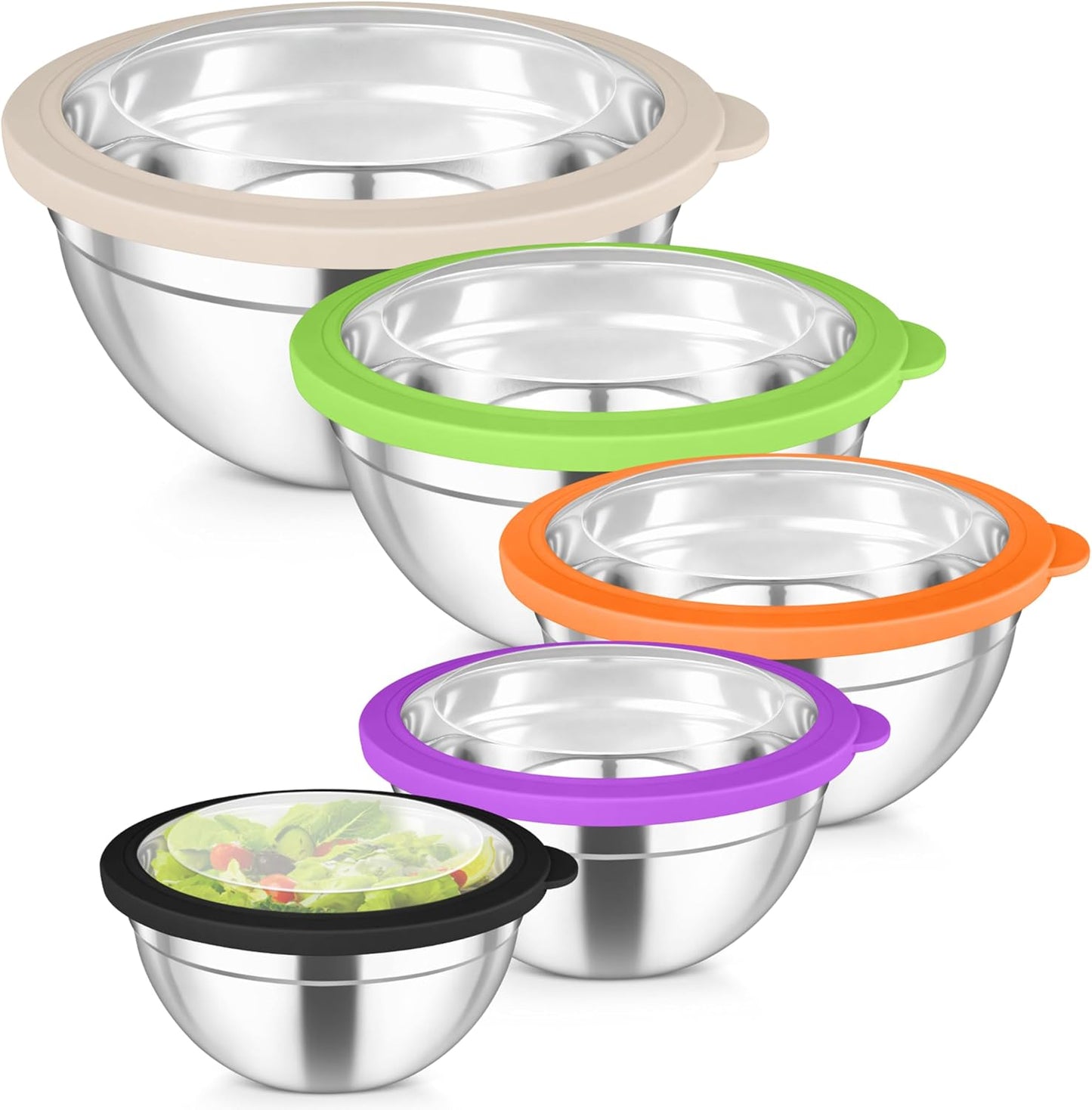 TeamFar Mixing Bowls Set, 4.5/3/1.5/1/0.7 QT Stainless Steel Nesting Salad Bowls with Airtight Lids, For Serving/Mixing/Storing, Non-Toxic & Heavy Duty, Visible & Easy Clean, Black, Set of 5