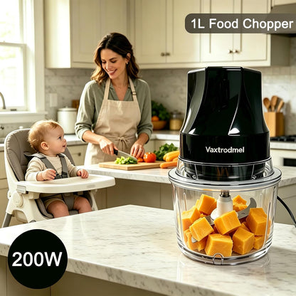 Food Chopper Electric, Dual Blades with 2 Speed Button, Overheat Protection + Safety Lock, Hand Wash or Dishwasher Safe, Rubber Anti-Slip Pad, 200W Motor, 1L Plastic Bowl