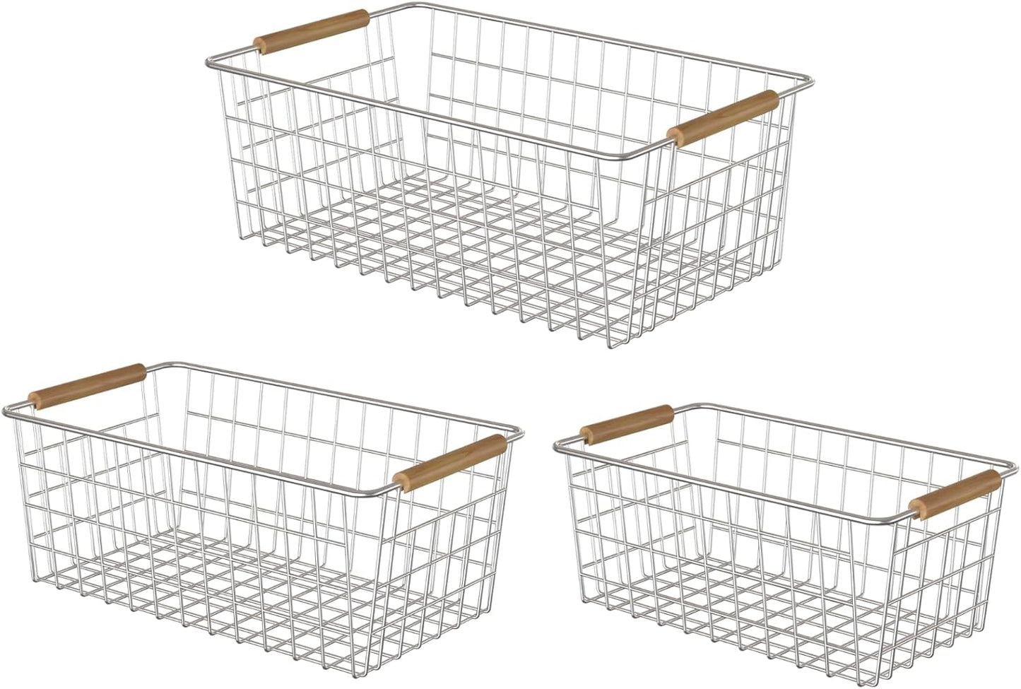 YOUVIP Wire Storage Baskets with Wooden Handles, 3 Pack Metal Organizer Baskets for Kitchen, Pantry, Freezer, Laundry,Farmhouse,Bathroom Baskets for Organizing,Black (1 Small, 1 Medium, 1 Large)