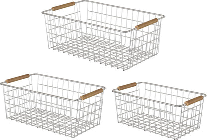 YOUVIP Wire Storage Baskets with Wooden Handles, 3 Pack Metal Organizer Baskets for Kitchen, Pantry, Freezer, Laundry,Farmhouse,Bathroom Baskets for Organizing,Black (1 Small, 1 Medium, 1 Large)
