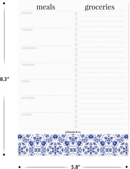 Weekly Magnetic Meal Planner Notepad By Julianne & Co - Food Planning Organizer And Grocery List Pad, 52 Premium A5 Pages, with Tear Away Perforated Shopping List (Blue China Print WITH Fridge Magnet)