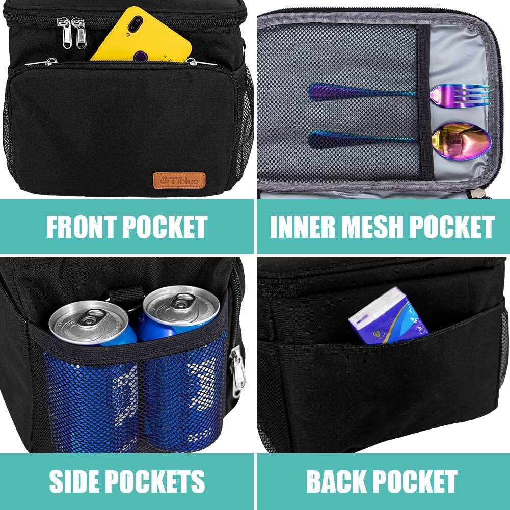 Tiblue Insulated Lunch Bag for Women/Men, Reusable Lunch Box for Office Work School Picnic,Leakproof Freezable Cooler Bag with Adjustable Shoulder Strap for Kid/Adult(Medium, Black & White Stripes)