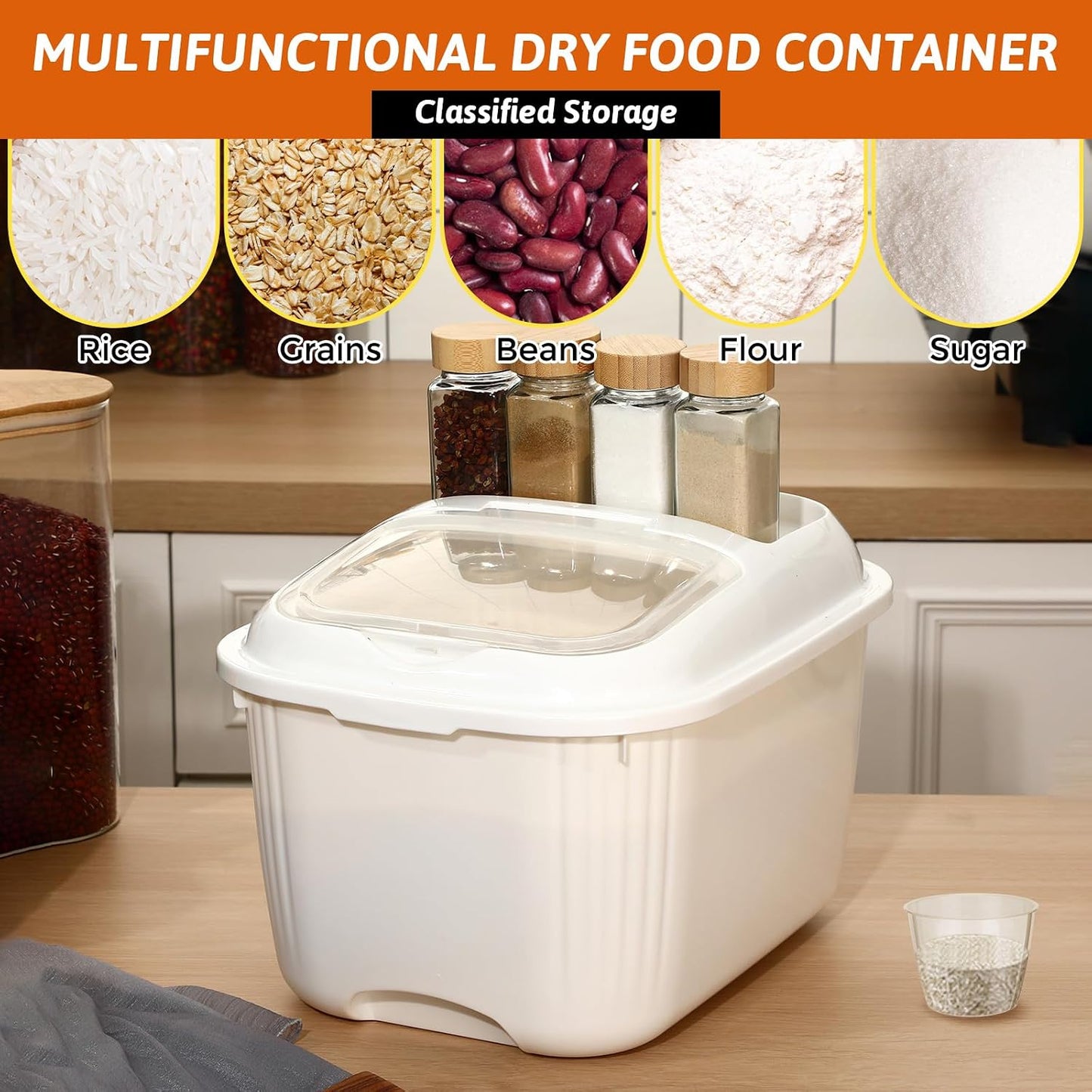 Blushtier 4 Pack Sugar Storage Containers Flour Bin with Wheels Large Pet Dog Food Storage Boxes Measuring Cup Sealed Transparent Flip Lid Portable Household Rice Container Set(20 Lbs)