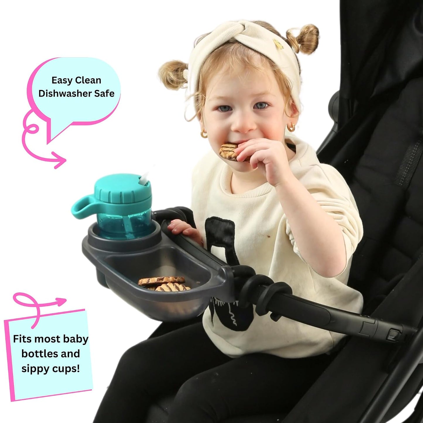 Swanoo Universal Stroller Snack Tray | Compatible With Nuna Mockingbird Bugaboo Uppababy | Stroller Bumper Bar Tray Attachment with Cup Holder | Baby Toddler Disneyland Essentials Stroller Accessories