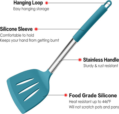 LIANYU 15 Pcs Kitchen Cooking Utensils Set with Holder, Silicone Kitchen Tools with Stainless Steel Handle, Heat Resistant Gadgets, Brush Spatula Spoon Whisk for Cookware, Dishwasher Safe, Khaki