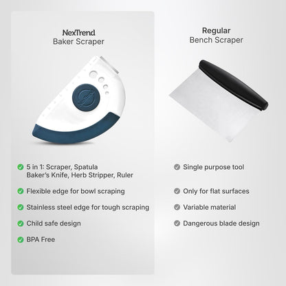 5-in-1 Dough Scraper & Flexible Bowl Scraper by Nextrend, Bread Scraper with Stainless Steel Edge, Ruler & Herb Stripper – BPA Free, Dishwasher Safe - Red