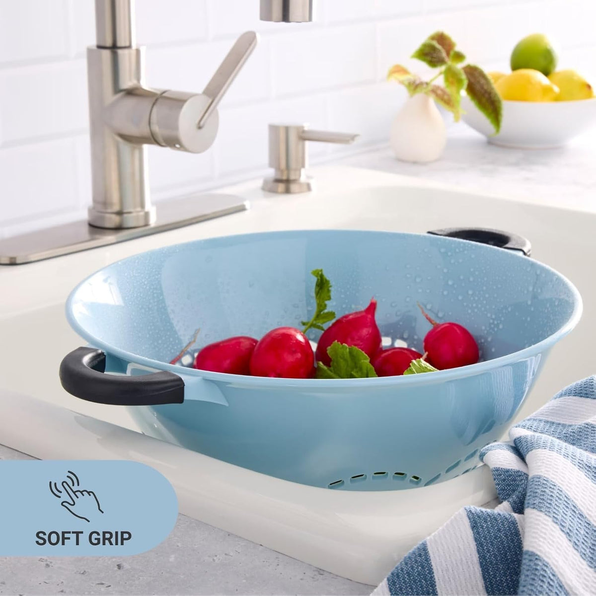 5 Qt Colander,Slate Blue Plastic with Soft Grip Handles&Raised Feet,Durable