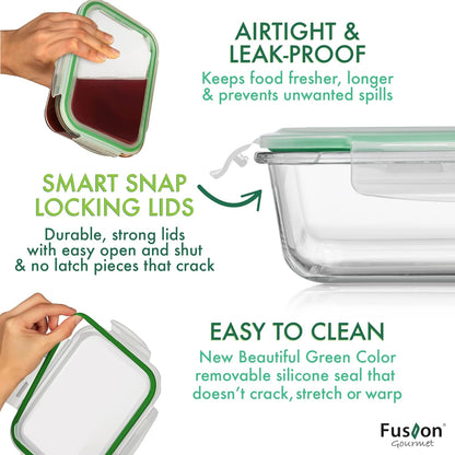 Fusion Gourmet 8 Pack 35 oz Glass Storage Containers with Lids - Airtight, Leakproof, Oven, Microwave & Freezer Safe, Stain & Odor Resistant, Reusable Meal Prep Containers (16-Piece)