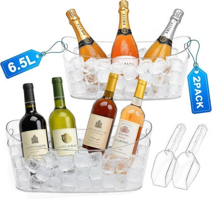 6.5L Ice Bucket 2 Pack Ice Buckets for Parties, Beverage Tub for Cocktail Bar with Handle, Drink Cooler for Wine Beer Champagne, Clear Ice Bucket with Scoop for Mimosa Bar Drink Chiller