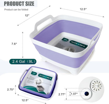 FOSJGO Collapsible Dish Basin with Drain Plug, Foldable Sink, 2.4 Gal (9L)