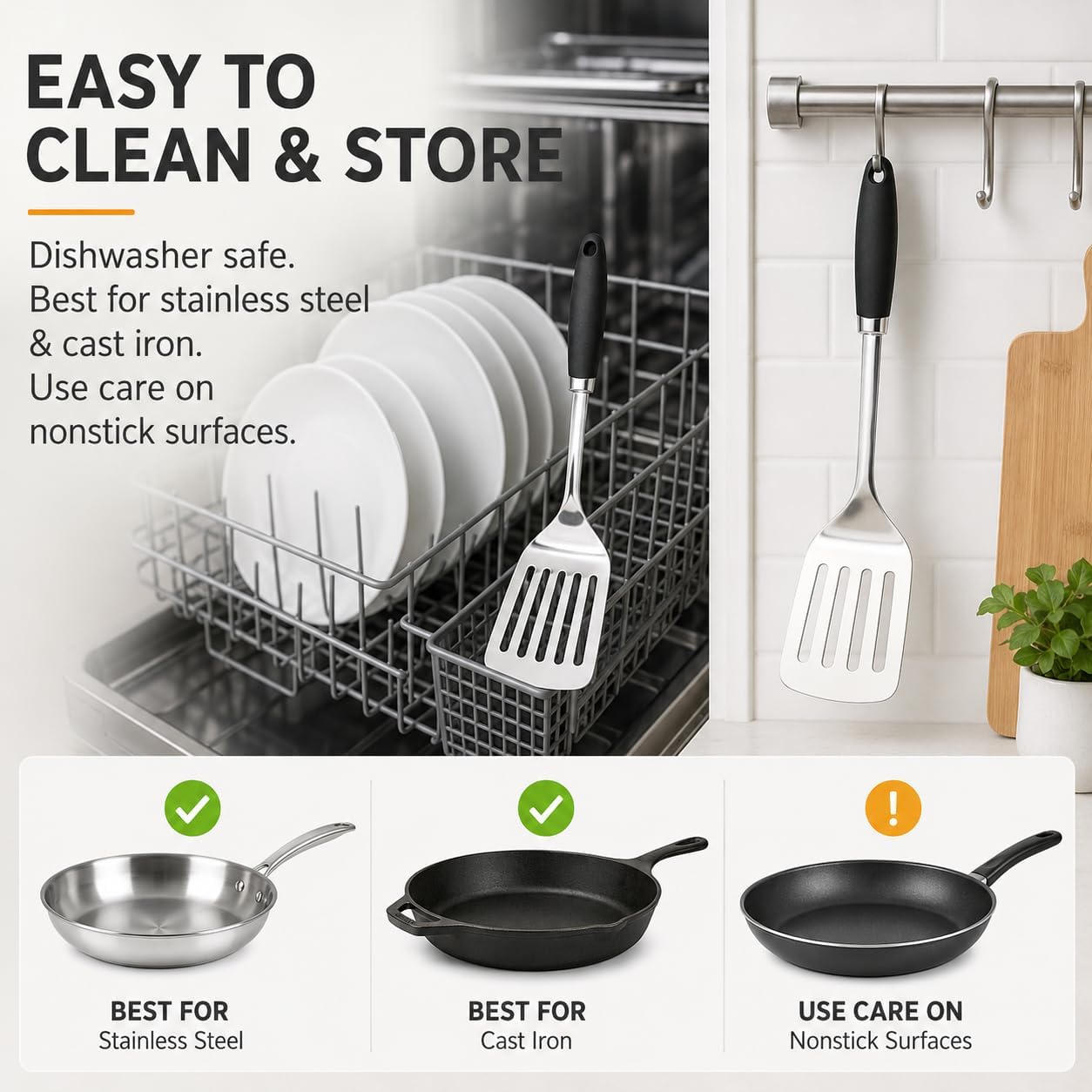 Stainless Steel Slotted Turner Spatula, Thin Edge Turner, Silver | Thin-edge Metal Spatula for Cast Iron and Stainless Steel Pans; Flips Eggs, Pancakes Burgers; Dishwasher Safe