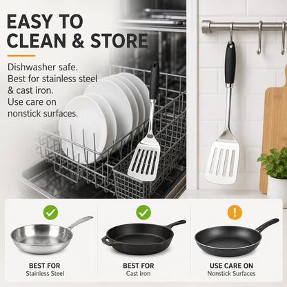 Stainless Steel Slotted Turner Spatula, Thin Edge Turner, Silver | Thin-edge Metal Spatula for Cast Iron and Stainless Steel Pans; Flips Eggs, Pancakes Burgers; Dishwasher Safe