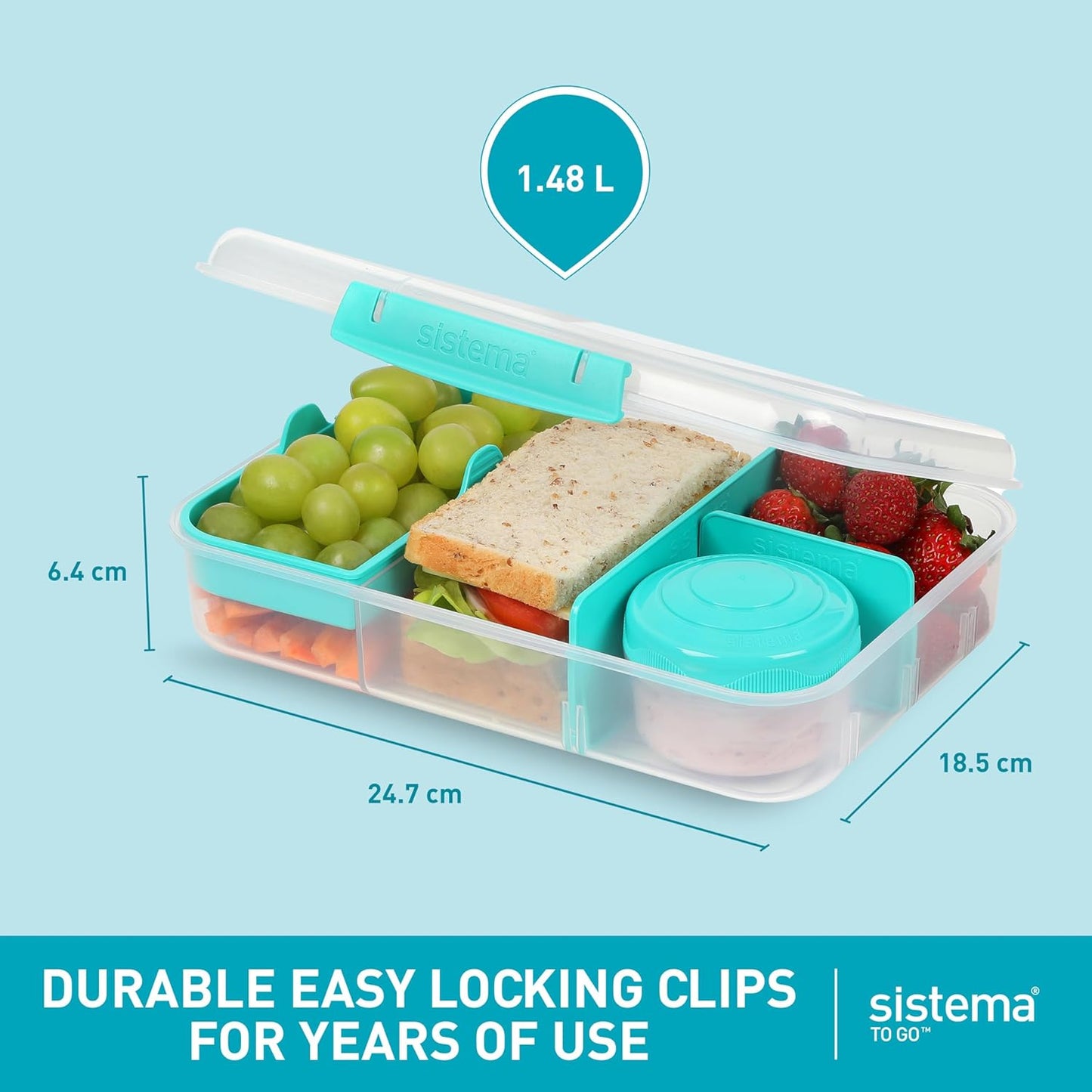 Sistema Bento Box Adult Lunch Box with 3 Compartments, 2 Removable Trays, and Salad Dressing Container, Dishwasher Safe, Color May Vary, 42 oz./1.25L Size (Pack of 4)