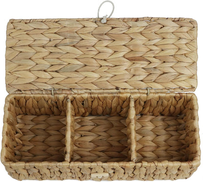 Water Hyacinth Storage Basket with Lid, Rectangular Tank Woven Wicker Baskets with Sections, Decorative Box for Snack Toys Bathroom (Water Hyacinth)