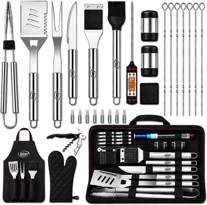 Kaluns Grilling Accessories, Dad Gifts for Fathers Day, Heavy Duty Stainless Steel Grill Set BBQ Grill Accessories for Outdoor Grill with Meat Thermometer, Case and Apron