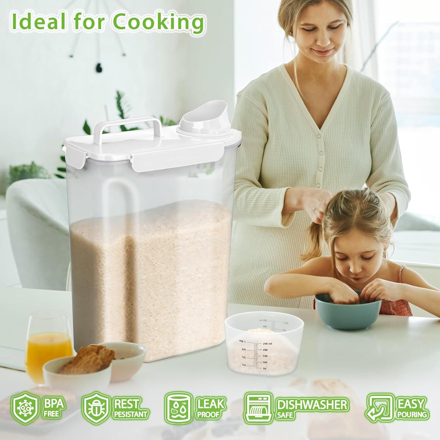 Viretec Rice Storage Container, 15 to 20lb Dry Food Airtight Dispenser, Pet Dog Cat Food Canister, BPA Free Clear Plastic Kitchen and Pantry Bin for Oatmeal, Cereal, Pasta, Flour Pack of 2 Grey
