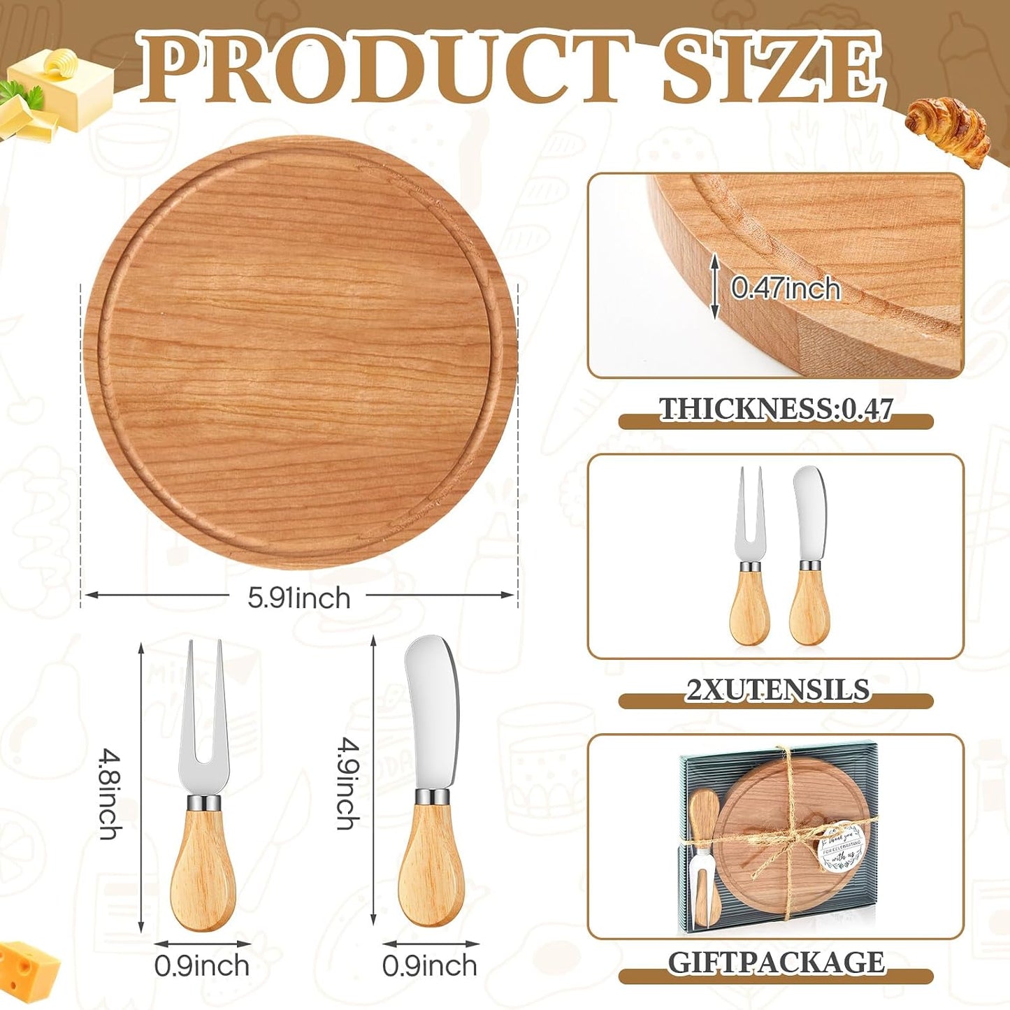 Maxcheck 6 Sets Baby Shower Bridal Game Prizes for Winners Round Cheese Board Set Wood Mini Charcuterie Board with Knives and Forks Thank You Card with Gift Box for Guests Wedding (Bamboo)