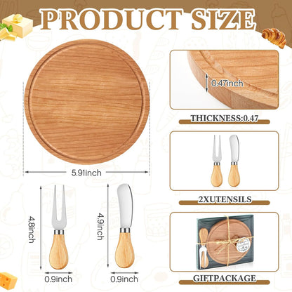 Maxcheck 6 Sets Baby Shower Bridal Game Prizes for Winners Round Cheese Board Set Wood Mini Charcuterie Board with Knives and Forks Thank You Card with Gift Box for Guests Wedding (Bamboo)