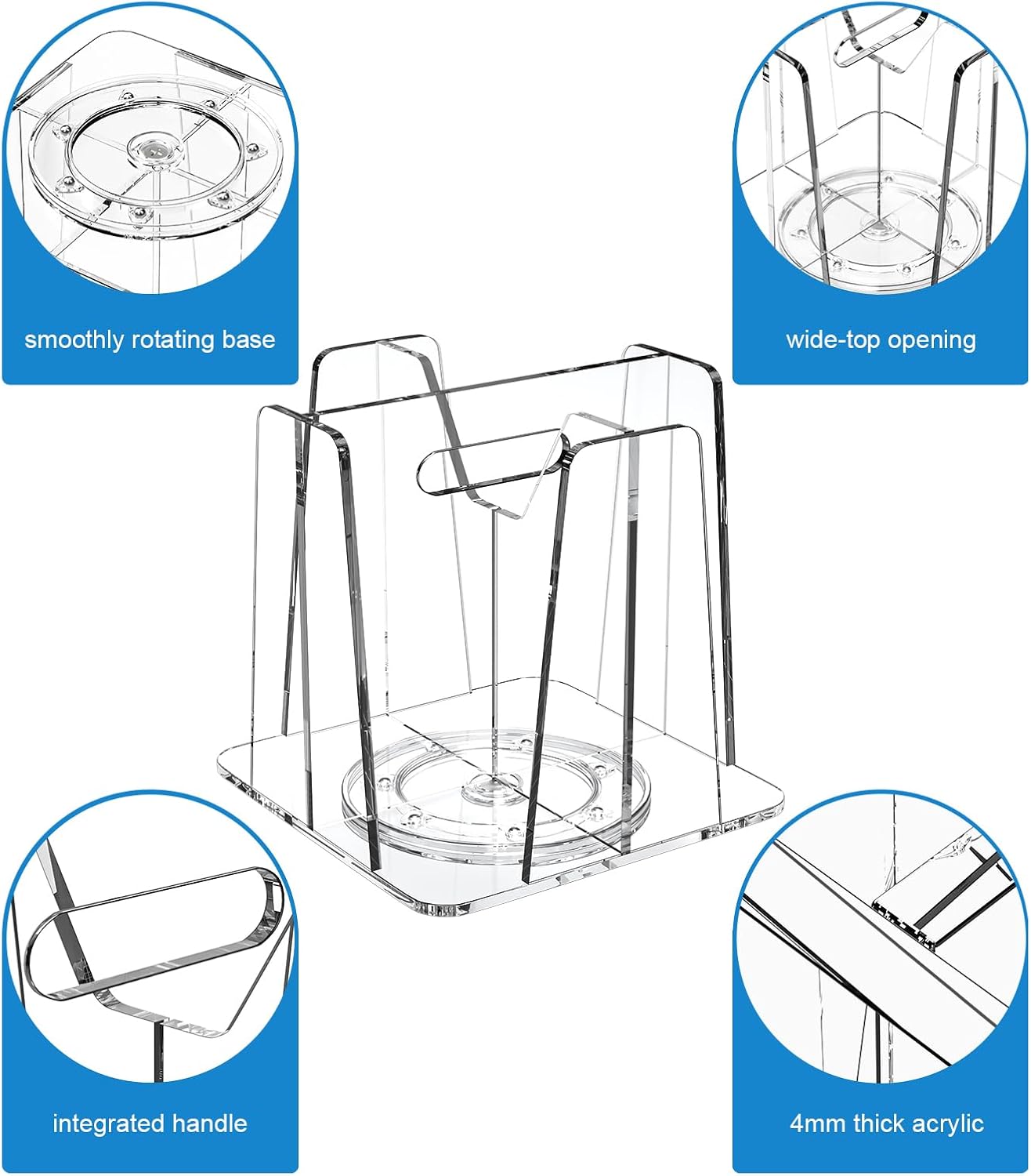 WINFFOR Coffee Cup Holder for Countertop - 4 Compartments Clear Rotating Disposable Cup Organizer Plastic Cup Storage Lid Carousel Coffee Bar Accesories for Restaurant Breakroom Kitchen Cabinet
