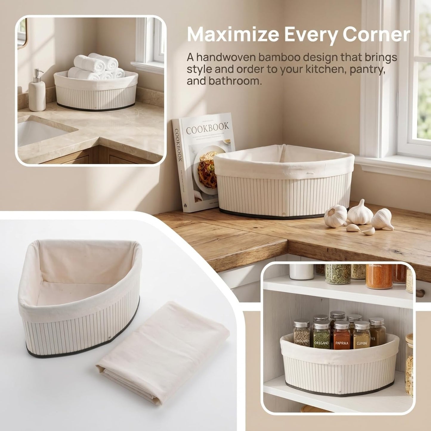 Corner Triangle Storage Basket for Shelves: Bamboo Woven Triangle Storage Bin with Removable Liner, 90 Degree Fan-Shaped Organizer for Kitchen Cabinet, Bathroom, Pantry, Closet, 10x6.3"