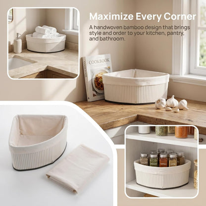 Corner Triangle Storage Basket for Shelves: Bamboo Woven Triangle Storage Bin with Removable Liner, 90 Degree Fan-Shaped Organizer for Kitchen Cabinet, Bathroom, Pantry, Closet, 10x6.3"