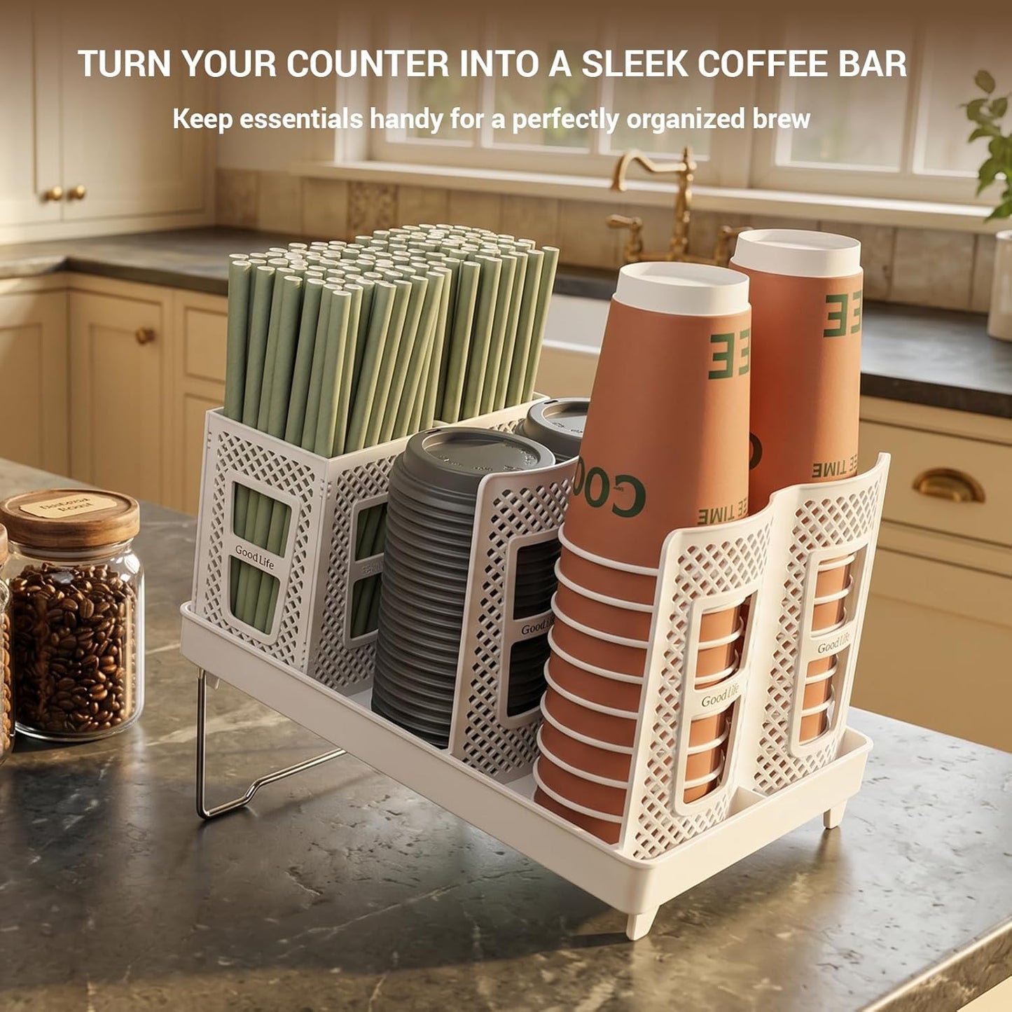 Detachable Paper Cup and Lid Holder, 6 Slots Disposable Cup Dispenser with Straw Organizer, Countertop Organizer for Coffee Station Bar Restaurant Office Breakroom (White)