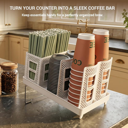 Detachable Paper Cup and Lid Holder, 6 Slots Disposable Cup Dispenser with Straw Organizer, Countertop Organizer for Coffee Station Bar Restaurant Office Breakroom (White)
