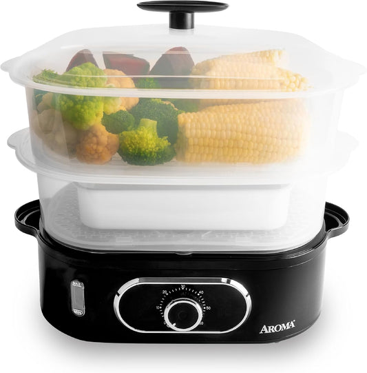 AROMA® Double Food Steamer Basket and Electric Rice Steamer with Easy-Read Water Level and Timer