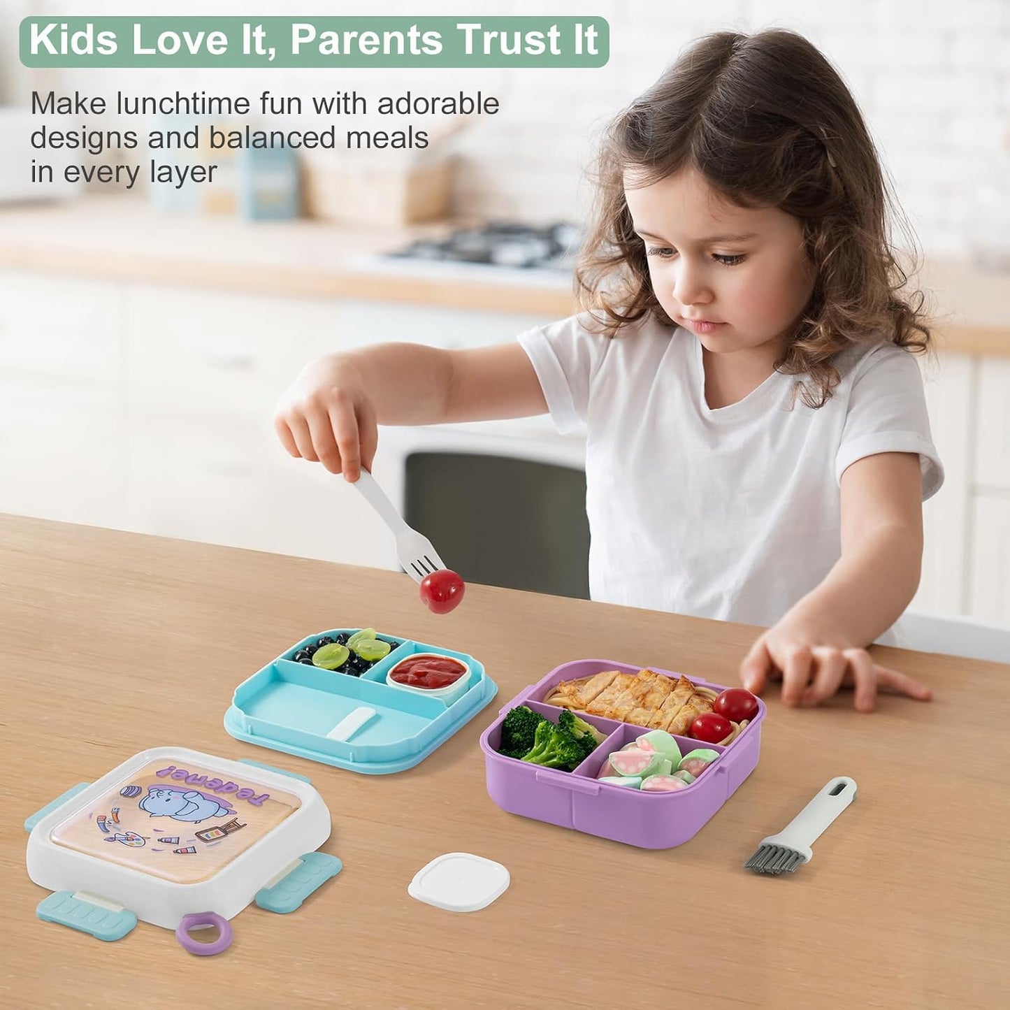 SAYAPE Kids Bento Lunch Box - Toast-Shaped 4-Compartment Lunchable Food Container with Sauce Cup, Utensils & Brush, BPA-Free, Reusable Snack Container with lid, Ideal for School & Travel - Blue
