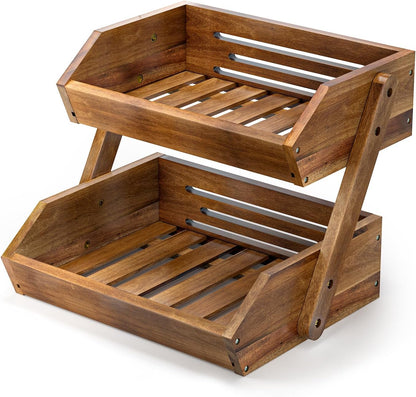 G.a HOMEFAVOR Large Bamboo Fruit Basket, 2-Tier Fruit Bowl for Kitchen Counter, Vegetable Storage Stand for Fruit Shop, 15 mm Thickness (Self-assembly)