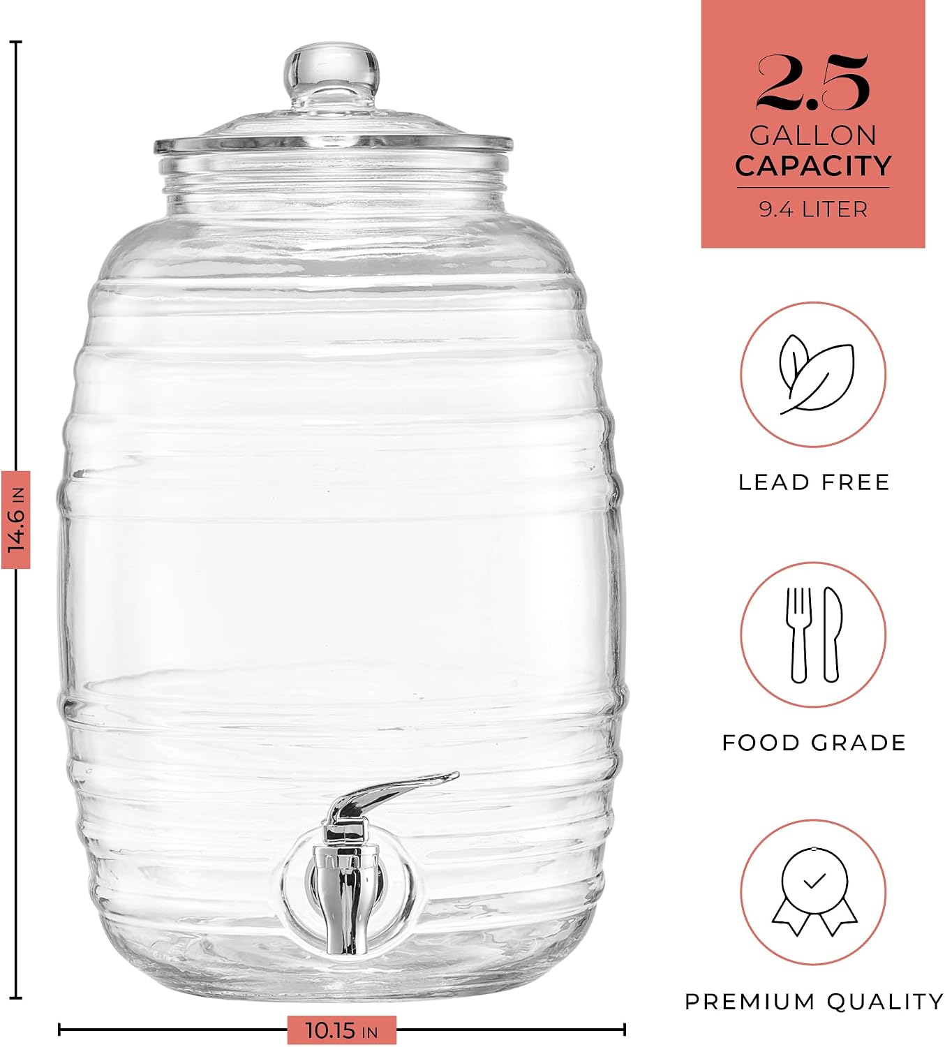 Style Setter Oak Grove Glass Beverage Dispenser with Stand - 2.5 Gallon Drink Dispenser with Galvanized Base & Leak-Proof Acrylic Spigot - Birthday, Wedding, Party Drink Dispenser with Stand