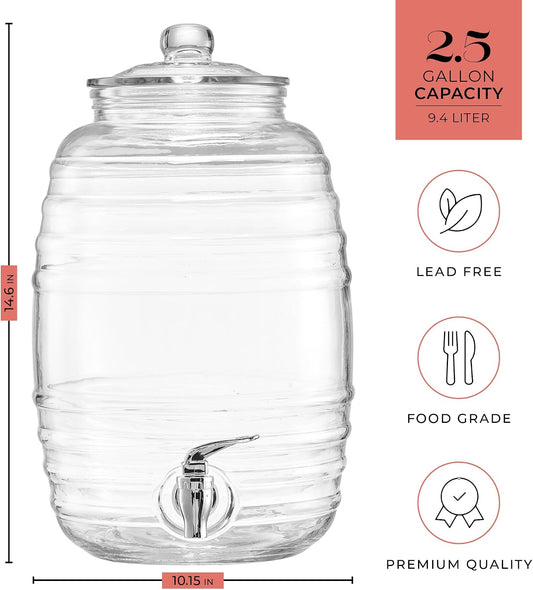 Style Setter Oak Grove Glass Beverage Dispenser with Stand - 2.5 Gallon Drink Dispenser with Galvanized Base & Leak-Proof Acrylic Spigot - Birthday, Wedding, Party Drink Dispenser with Stand