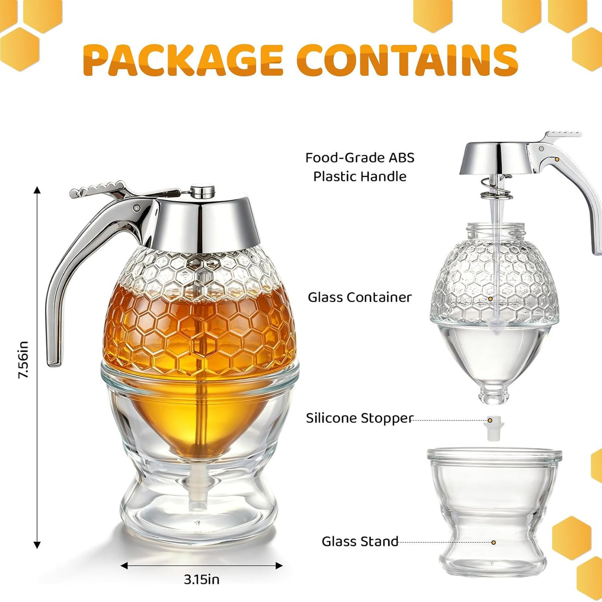 Glass Honey Dispenser 8 Ounces - Drip-Free Honey Jar With Glass Stand, Kitchen Leak-Proof Syrup Dispenser, Elegant Honeycomb Design For Storing Honey, Maple Syrup And Coffee Syrup
