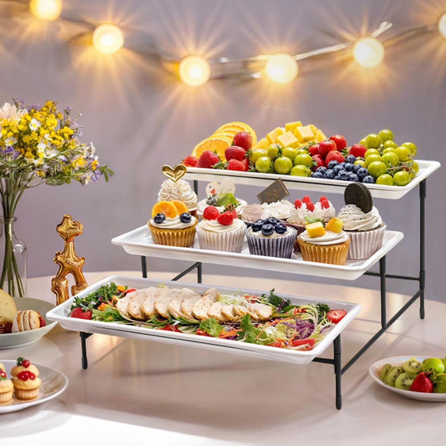 Lifewit 3 Tier Serving Tray, 30 x 17 cm/12 x 6.5" White Plastic Tiered Food Serving Platters, Tiered Tray Stand for Party with Black Collapsible Metal Stand, Dessert Display Stand for Cookies/Crackers