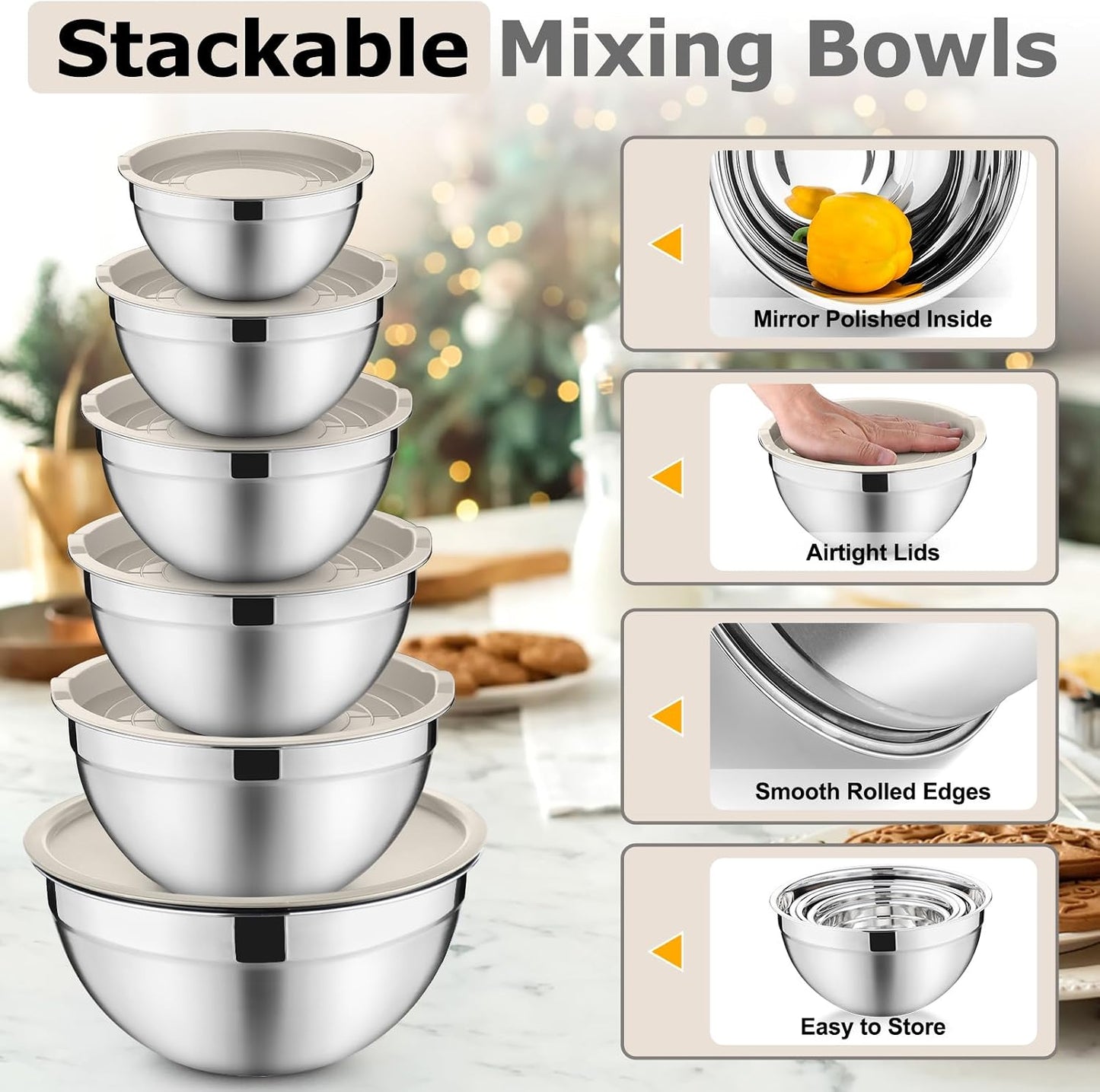 P&P CHEF Mixing Bowls with Lids Set of 6, Stainless Steel Nesting Salad Bowl & 3 Grater Attachments for Prepping Storing, 4.6/2.6/2/1.5/1/0.7 QT, Khaki