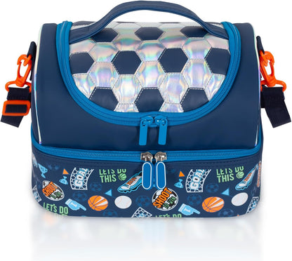 Kids Double Decker Cooler Insulated Lunch Bag, Back to School Large Meal Tote for Boys, Girls, Men, Women, with Adjustable Strap, Soccer