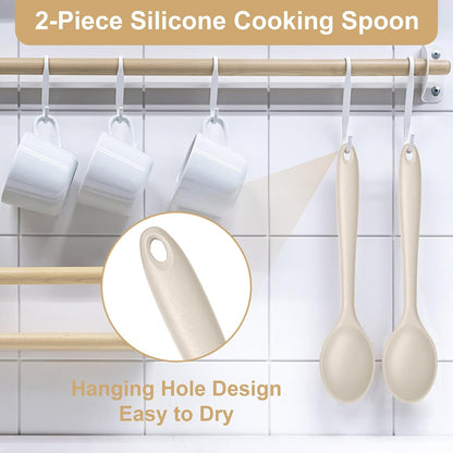 E-far Silicone Cooking Spoon Set of 2, Heat Resistant Kitchen Spoons Utensils Nonstick Mixing Spoon for Baking Stirring Serving, Non-Toxic & Dishwasher Safe (Khaki)